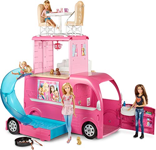 Barbie Mobilier Camping-Car Duplex pour Poupees, Vehicule Rose à Deux