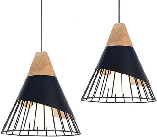 2x Suspension Luminaire Vintage,Bois Métal design Lampe Plafonnier Industrielle en