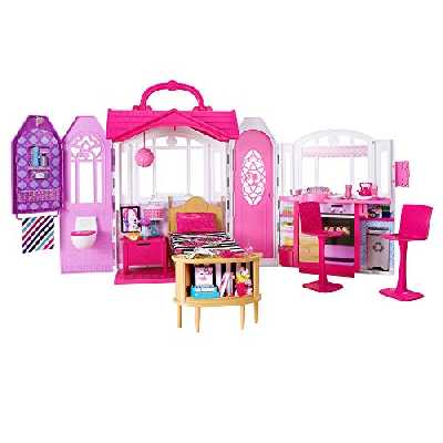 Barbie Mobilier Maison de poupée à Emporter transportable rose et blanche fournie avec lit, chaises et accessoires, jouet pour enfant, CHF54