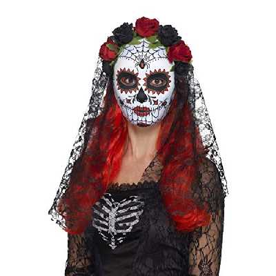 Smiffys Masque Senorita Jour des morts, visage entier, Rouge et noir, avec roses et voil